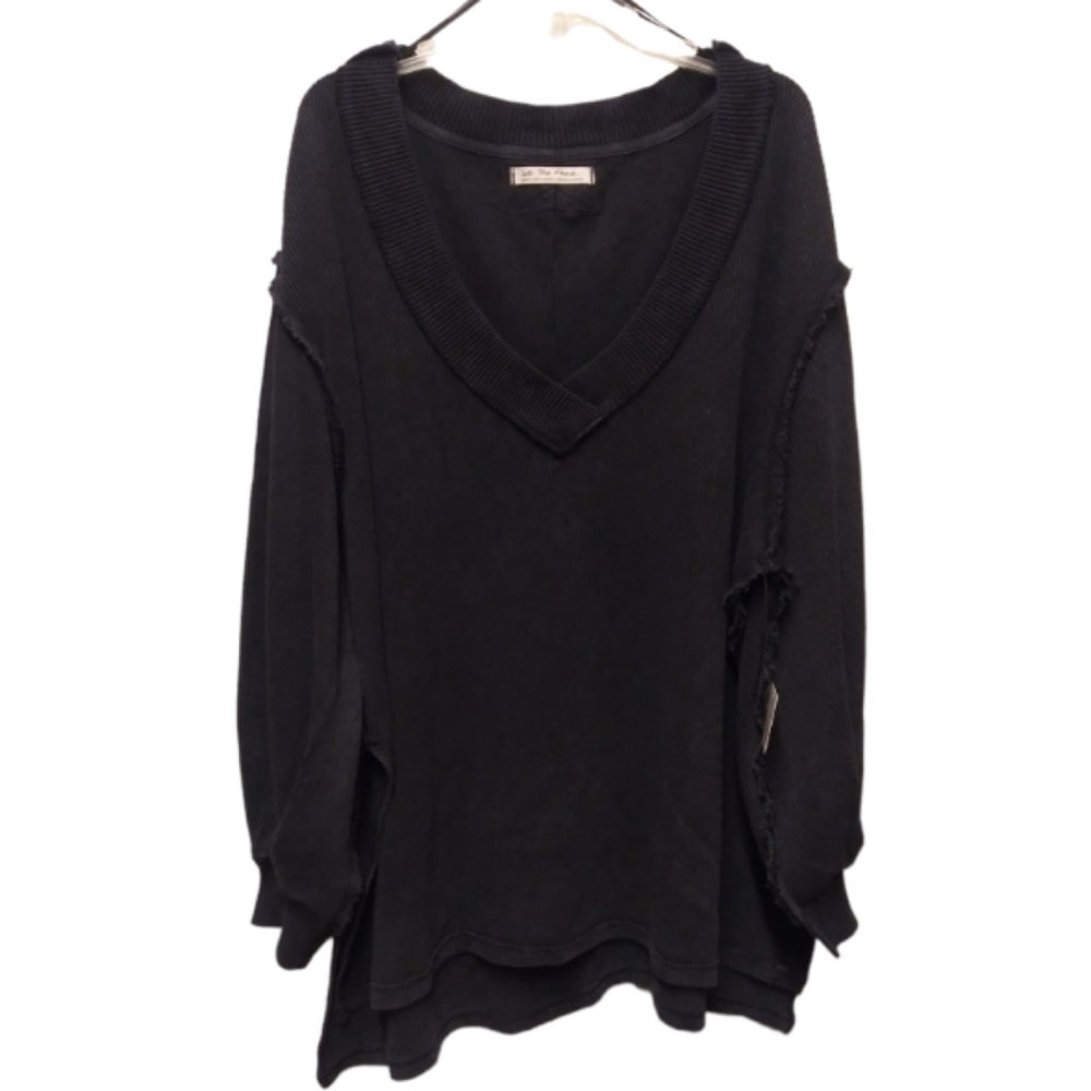 Free People Asher Thermal Knit Vneck Top Black NWT - Picture 2 of 13